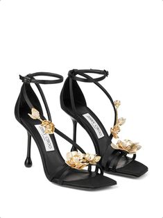 Evening Heels, Heels Collection, Jimmy Choo Sandals, Flower Sandals, Shoes For Girls, Grooming Tips, Embellished Sandals, Floral Shoes, Black Sandals Heels