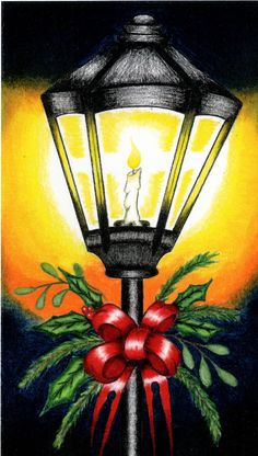 a painting of a lit candle on a street light with holly wreaths around it