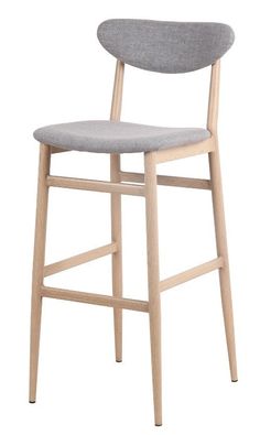 an upholstered stool with a grey seat and wooden frame, against a white background