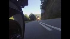 a person riding on the back of a motorcycle down a road next to a forest