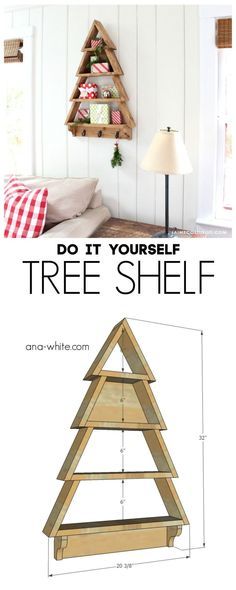 a diy christmas tree shelf made out of wood with text overlay that says do it yourself