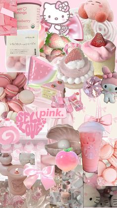 a collage of pink and white items with hello kitty on it's side