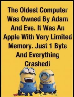 two minion minions with the caption, the oldest computer was owned by adam and eve it was an apple with very limited memory just 1 bye and everything crashed