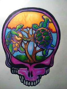 a drawing of a skull with trees and lizards on it