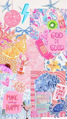 a collage of pink, blue and white items with the words god is good on them