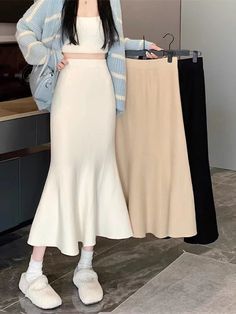 Lasaky - Black High-Waisted Trumpet Skirt: Elegant Floor-Length Midi Skirt Socialite Style, Knit Wrap Dress, Ankle Length Skirt, Trumpet Skirt, Fishtail Skirt, Knit Pencil Skirt, Knit Midi Skirt, Wrap Around Skirt, Half Skirt