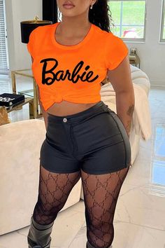 Red Street Daily Printed Patchwork Alphabet Barbie O-neck T-shirt Orange Short Sleeve Top With Letter Print, Trendy Orange Crew Neck Top, Trendy Stretch Orange T-shirt, Red Street, Sleeveless Blazer, T Shirt Company, Valentines Lingerie, Vintage Summer Dresses, Lace Dress Long