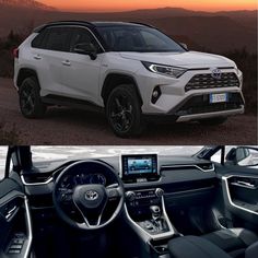 the front and side view of a white toyota rav parked on top of a mountain