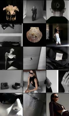 a collage of black and white images with women's accessories on display in the background