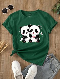 Cartoon Character Print Round Neck Short Sleeve Casual T-Shirt Graphic Tees Women Tops Dark Green Casual  Short Sleeve Fabric Cartoon  Slight Stretch  Women Clothing, size features are:Bust: ,Length: ,Sleeve Length: Short Socks Women, Letter Print Tee, Women T Shirts, Casual T Shirt, Cartoon Character, Printed Tees, Casual T Shirts, Cute Dresses, Women Clothes Sale