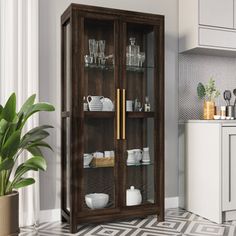 a tall wooden cabinet with glass doors in a kitchen next to a potted plant