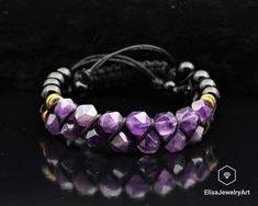 "Natural Amethyst & Black Onyx Beads Macrame Double Row Adjustable Bracelet Macrame Gift For Girlfriend Gift For Mom Mom Gift Idea -ALL THE PRODUCTS AT ELISAJEWELRYART ARE HANDMADE AND MADE WITH NATURAL BEADS. -WHAT DOES THE AMETHYST STAND FOR The name amethyst translates in Greek to, \"not drunken.\" An ancient Greek myth explains this seemingly odd name. According to the myth, the god Bacchus was angry, and had vowed to descend a hoard of tigers upon the first person who crossed his path. Amet Adjustable Amethyst Beaded Bracelet, Adjustable Hand-strung Amethyst Beaded Bracelets, Adjustable Beaded Amethyst Crystal Bracelet, Bohemian Black Braided Bracelet With 8mm Beads, Black Bohemian Braided Bracelet With 8mm Beads, Black Beaded Amethyst Jewelry, Adjustable Purple Bracelet With Black Beads, Adjustable Black Amethyst Beaded Bracelets, Adjustable Purple Bracelets With Black Beads