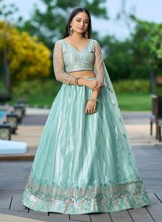 Elevate your style with our Premium Sky Blue Lehenga Choli! Perfect for Indian weddings and sangeet functions, this ready-made choli exudes elegance and grace. Made with high-quality materials and custom fit for comfort, our chaniya choli is a must-have for any special occasion. Transform yourself into a true fashionista and stand out in the crowd with our stunning lehenga choli! The unstitched blouse can be customized upto 46 inches. Do Note: All the accessories shown are for styling purpose on Sky Blue Lehenga, Sangeet Function, Kurtis Pakistani, Blue Lehenga Choli, Indian Bridal Party, Durga Pooja, Ghaghra Choli, Lehenga Choli For Women, Choli For Women