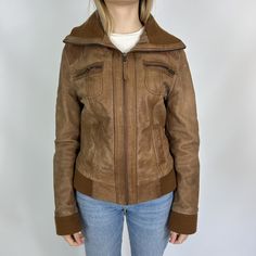 condition 9/10 Size S Real Leather Arm length 55cm / 21.5 inches Length 50cm / 19.5 inches Width 50cm / 19.5 inches Model is 156cm / 5.11 ft tall, wears XS/S Fitted Biker Jacket With Padded Collar For Fall, Fitted Fall Biker Jacket With Padded Collar, Fitted Hooded Leather Jacket With Padded Collar, Fitted Leather Jacket With Hood And Padded Collar, Fitted Leather Jacket With Padded Collar And Hood, Fitted Leather Jacket With Pockets For Fall, Fitted Brown Biker Jacket With Pockets, Fitted Leather Jacket With Padded Collar For Fall, Urban Fitted Leather Jacket With Pockets