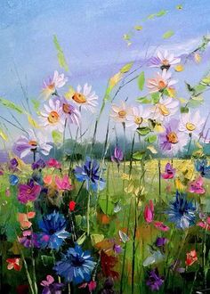 an oil painting of colorful flowers in a field