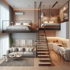 a loft bed with stairs leading up to the top floor and two beds above it