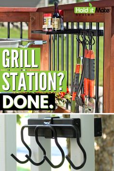 two pictures side by side with the words grill station and one has an umbrella holder