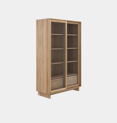 a wooden cabinet with glass doors and shelves