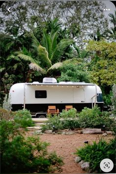 an rv parked in the middle of some trees