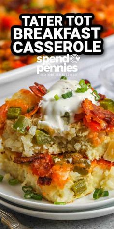 tater tot breakfast casserole on a white plate with text overlay