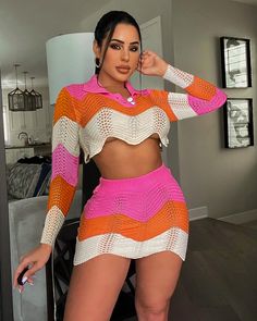 Patchwork Crop Top, Sleeved Crop Top, Night Club Outfits, Miniskirt Outfits, Crop Top Skirt, Clubwear Dresses, Knitwear Fashion, Lace Dress Long, Plus Size Swimsuits