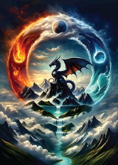 a dragon sitting on top of a mountain next to a fire and water moon in the sky