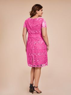 This elegant lace mother of the bride dress features a classic crew neck and short sleeves for a timeless look. The belted waist cinches your figure for a flattering silhouette. Perfect for any formal occasion, this dress is sure to make you feel confident and sophisticated. Attention! The sleeves are see-through and unlined. (Refer to the picture below) Short Sleeve Lace Dress For Mother Of The Bride, Lace Mother Of The Bride Dress With Short Sleeves, Elegant Short Sleeve Lace Dress For Wedding Guest, Elegant Short Sleeve Lace Mother Of The Bride Dress, Short Sleeve Lace Dress For Wedding Guest, Lace Neckline, Mother Of The Bride Dress, Applique Dress, Dress With Belt