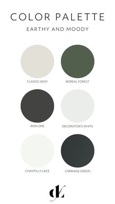 the color palette for earth and mood is shown in black, white, gray, and green