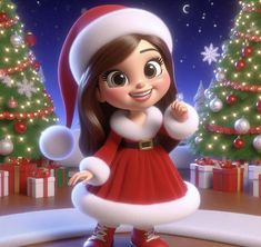 a cartoon girl dressed as santa clause standing in front of christmas trees with presents on the floor