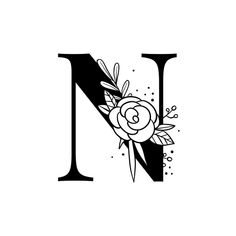 the letter n with flowers and leaves on it's uppercase is shown in black