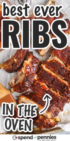 ribs in the oven with text overlay that says best ever ribs in the oven