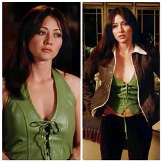 two different pictures of a woman in green top and black pants, one is wearing a leather jacket