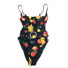 Weworewhat Black Danielle Fruit Print Belted One-Piece Swimsuit A Structured One-Piece Swimsuit Featuring A Bold Fruit Print And A Matching Belt To Cinch The Waist. - V-Neck - Adjustable Straps - Underwire - Belt Loops - Belt With Rhinestone Buckle Detail Condition: New With Tags Made In: China Inventory: Wt3298.7.5 Chic Black Printed Swimwear, Printed Black Bodysuit For Vacation, Black Printed Bodysuit For Vacation, Black Printed Bodysuit For Party, Printed Black Bodysuit For Pool, Black Printed Bodysuit For Pool, Fruit Print, Summer Clothes, Womens Swim