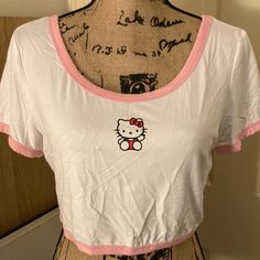 New With Tags Shein X Hello Kitty Crop Top In Size Xl Cute White Stretch T-shirt, White Kawaii Crew Neck Top, Hello Kitty Y2k Summer Top, Cute Stretch T-shirt, Cute White Stretch Tops, White Summer T-shirt With Cat Design, White Cat Design T-shirt For Summer, Hello Kitty Short Sleeve Top, Fitted Hello Kitty Tops