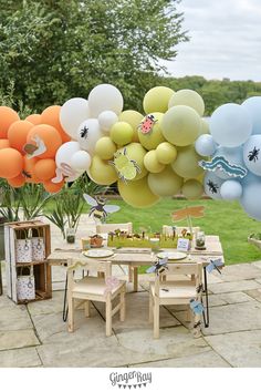 an outdoor party with balloons and decorations on the table, in front of a grassy area