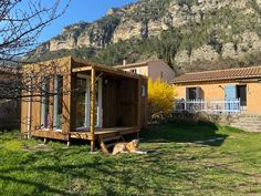 a dog laying on the grass in front of a small wooden cabin with mountains in the background