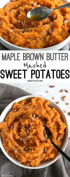 maple brown butter mashed sweet potatoes in a white bowl with a spoon on top