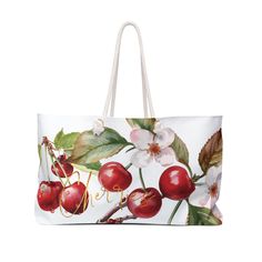 "Nature Lovers Cherry Tote. Cottage Core Aesthetic Floral Bag Gift. Botanical cherries and flower blossoms. Oversized everyday canvas tote shoulder bag. Reusable grocery bag garden tote. A wonderful hostess gift, birthday present for nature lovers, or Mother's Day Gift. ☆YOUR TOTE BAG DETAILS Large Tote Bag (24\" x13\") Printed on Both Sides Rope Handles Easy Care Canvas Polyester T-Bottom Interior Protective Lining Assembled in the USA  Personalization and Design Services Provided And oh yeah.. White Beach Bag, Spring Gift, White Beach Bag For Spring Gift, White Beach Bag Gift For Spring, White Spring Beach Bag Gift, White Beach Bag For Spring, Red Bags For Spring Season Gift, White Floral Print Beach Bags, Red Floral Print Travel Bag, Red Floral Print Rectangular Bag