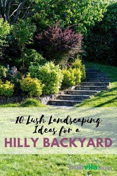 Hilly Landscape Ideas, Lake Landscaping Ideas Backyards, Hilly Garden Ideas, Outdoor Patio Ideas On A Hill, Hilly Backyard Landscaping, Hilly Backyard Ideas, Hilly Garden, Terraced Yard, Garden Slope