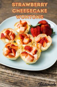 strawberry cheesecake wontons on a plate with strawberries