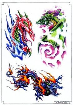 two dragon tattoos with different colors on them