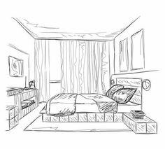 a drawing of a bedroom with a bed and dresser