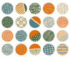 an assortment of different colored circles on a white background, all in various patterns and sizes