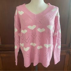 Heart Pattern Knit Sweater Perfect For Valentine’s Day! Size: Womens Xl Light Pink With White Hearts Long Sleeves V Neck Pull Over Stretchy New And Never Worn But No Tags Attached. These Fit On The Smaller Side. I Would Go One Size Up For A Fitted Look And 2 Sizes Up For A Looser Look. I Do Have Other Sizes And Colors Listed In My Closet. Approx Measurements Laying Flat... Pit To Pit: 21.5" Sleeves: 20.5" Waist: 20" Length From The Neck/Shoulder To Hem: 23.5" Knit Sweater Pink, White Hearts, Heart Pattern, Colour List, White Heart, Valentine Heart, Heart Patterns, Pink Sweater, Knit Sweater