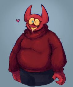 a cartoon character wearing a red hoodie and black pants with horns on his head