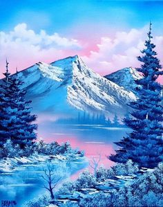 a painting of snow covered mountains and trees in the foreground, with water below