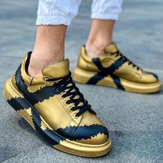 Hand-Painted Customized Sneakers for Men by Apollo Moda | Genova Gold & Black Gold Sneakers, Black 13, Custom Sneakers, Black 7, Lisbon, Gold Black, Black Stripes, Luxury Design, Custom Made