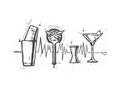 an ink drawing of cocktails and martini glasses