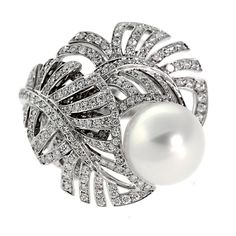 Chanel Pearl Diamond White Gold Ring 0000043 Chanel Ring, Chanel Pearl, Pretty Leaf, Chanel Pearls, Pearl And Diamond Ring, Gold Cocktail Ring, Diamond Cocktail Rings, Chanel Jewelry, Pearl Diamond