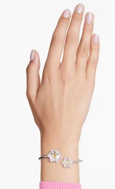 Swarovski Idyllia Flower Hinged Bangle - Rhodium Plated Evening Crystal Bracelet, White Gold Crystal Bracelet For Formal Occasions, Sparkling Crystal Bracelet For Formal Occasions, Yellow Stone, Hinged Bangle, Rhodium Plated, Hinges, Bangles, Plating